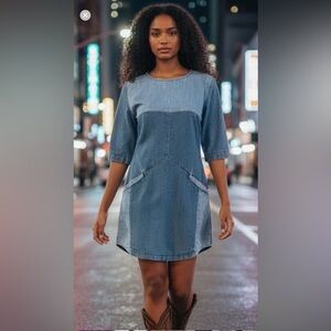 ASOS DENIM DRESS TWO-TONED LIGHT BLUE WASH SHIFT WESTERN MINI CASUAL SIZE 4